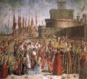 CARPACCIO, Vittore Scenes from the Life of St Ursula:The Pilgrims are met by Pope Cyriacus in front of the Walls of Rome oil painting reproduction